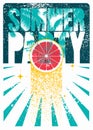 Summer Party typographic grunge style poster with citrus slice and palm trees. Retro vector illustration. Royalty Free Stock Photo